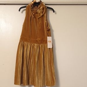 GB girls pleated velvet bow dress gold w/ headband